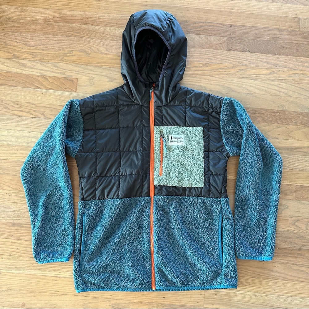 Cotopaxi Men’s Black and Teal Zip up fleece Hooded Jacket Small